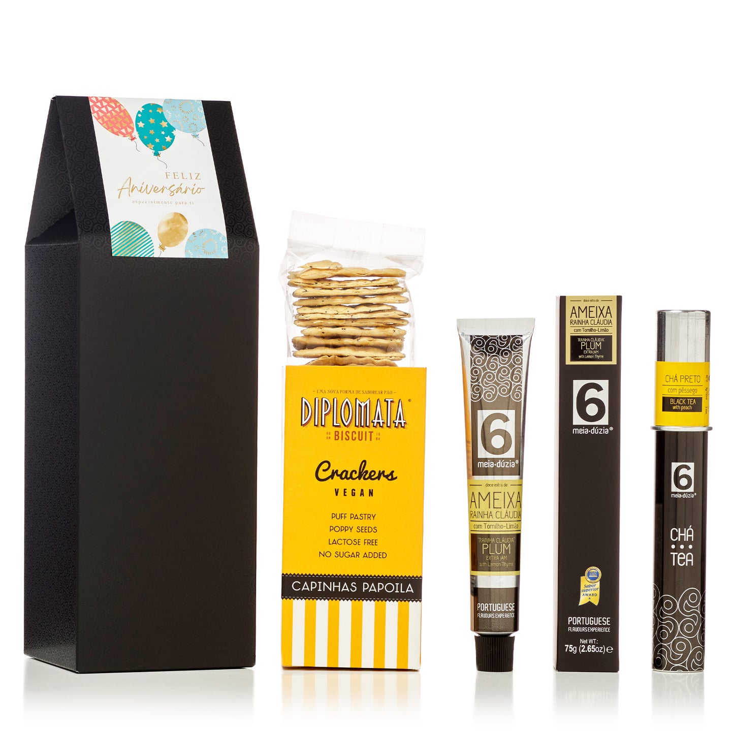 Box Experiência n. 1: Compota + Chá + Crackers | Prenda de Aniversário. Sabores de Portugal num presente de aniversário gourmet que todos amam receber. meia.dúzia® Sabores de Portugal, prendas de aniversário gourmet