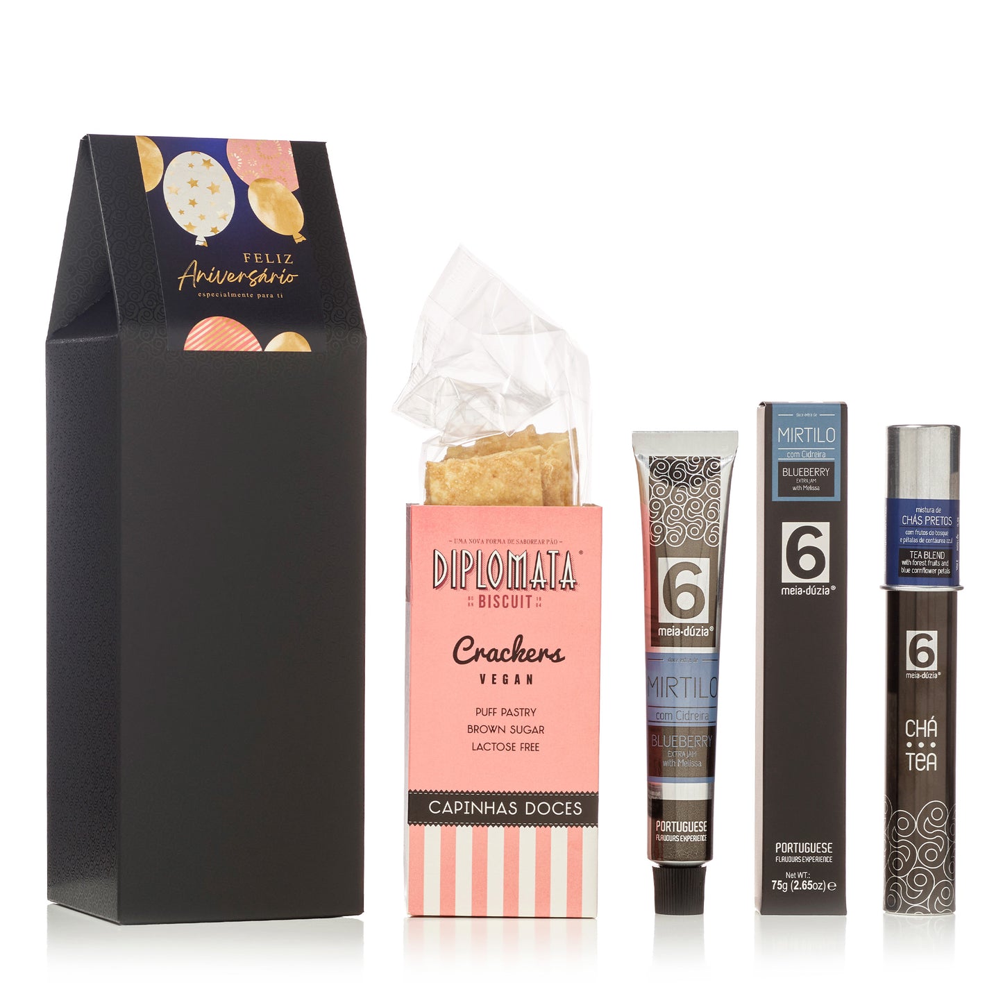 Box Experiência n. 3: Doce + Chá + Crackers | Presente de Aniversário. Sabores de Portugal num presente de aniversário gourmet que todos amam receber. meia.dúzia® Sabores de Portugal, prendas de aniversário gourmet