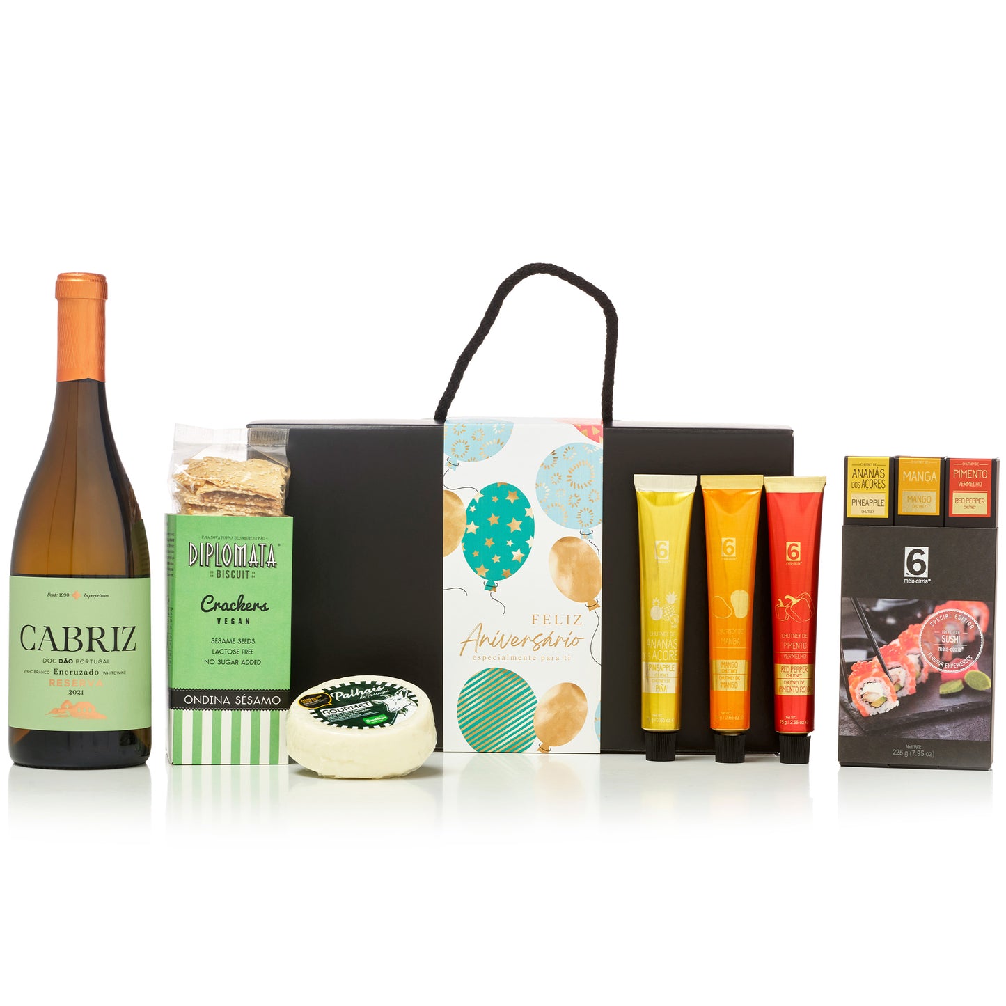 Cabaz Feliz Aniversário | Experiência Amantes de Sushi. Sabores de Portugal num presente de aniversário gourmet que todos amam receber. meia.dúzia® Sabores de Portugal, prendas de aniversário gourmet