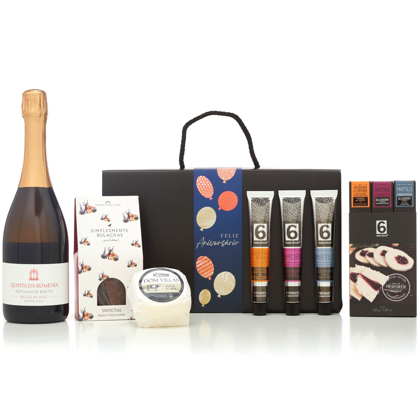 Cabaz Feliz Aniversário | Experiência Gastronómica com Espumante. Sabores de Portugal num presente de aniversário gourmet que todos amam receber. meia.dúzia® Sabores de Portugal, prendas de aniversário gourmet