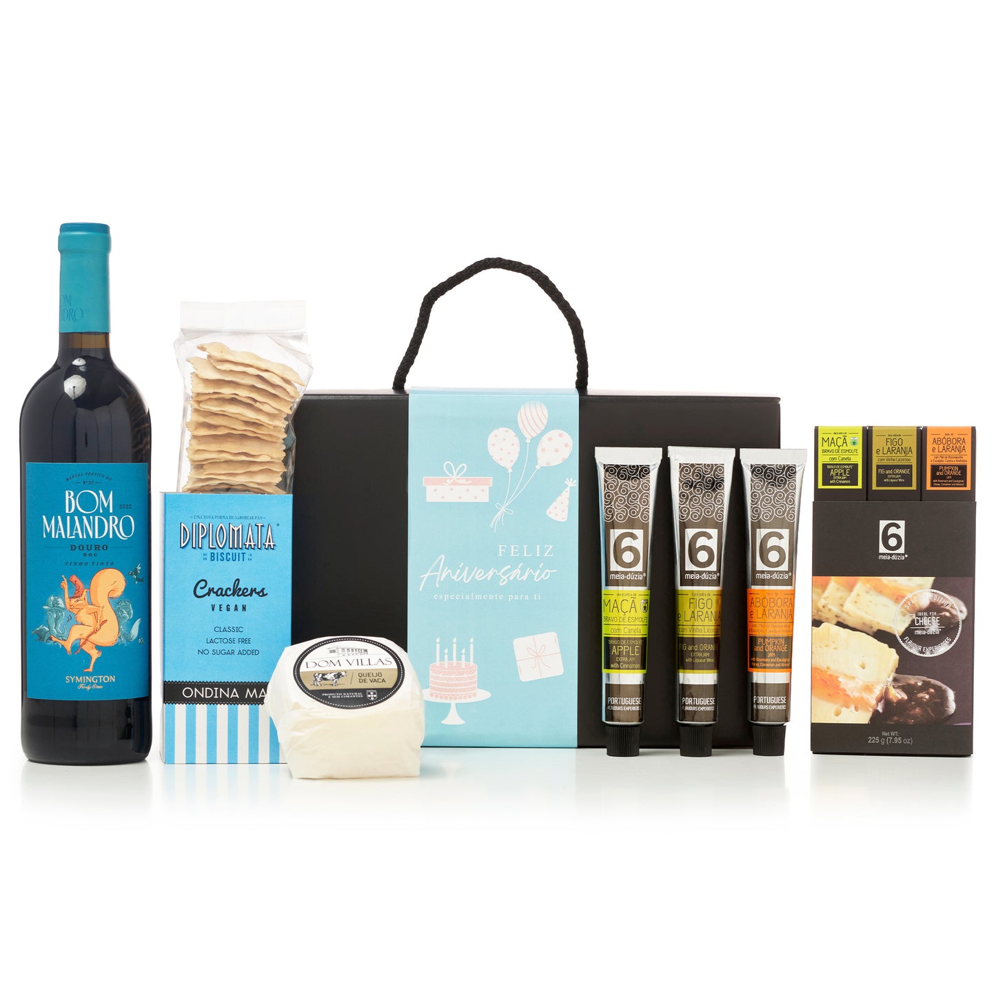 Cabaz Feliz Aniversário | Experiência Gastronómica n. 4. Sabores de Portugal num presente de aniversário gourmet que todos amam receber. meia.dúzia® Sabores de Portugal, prendas de aniversário gourmet