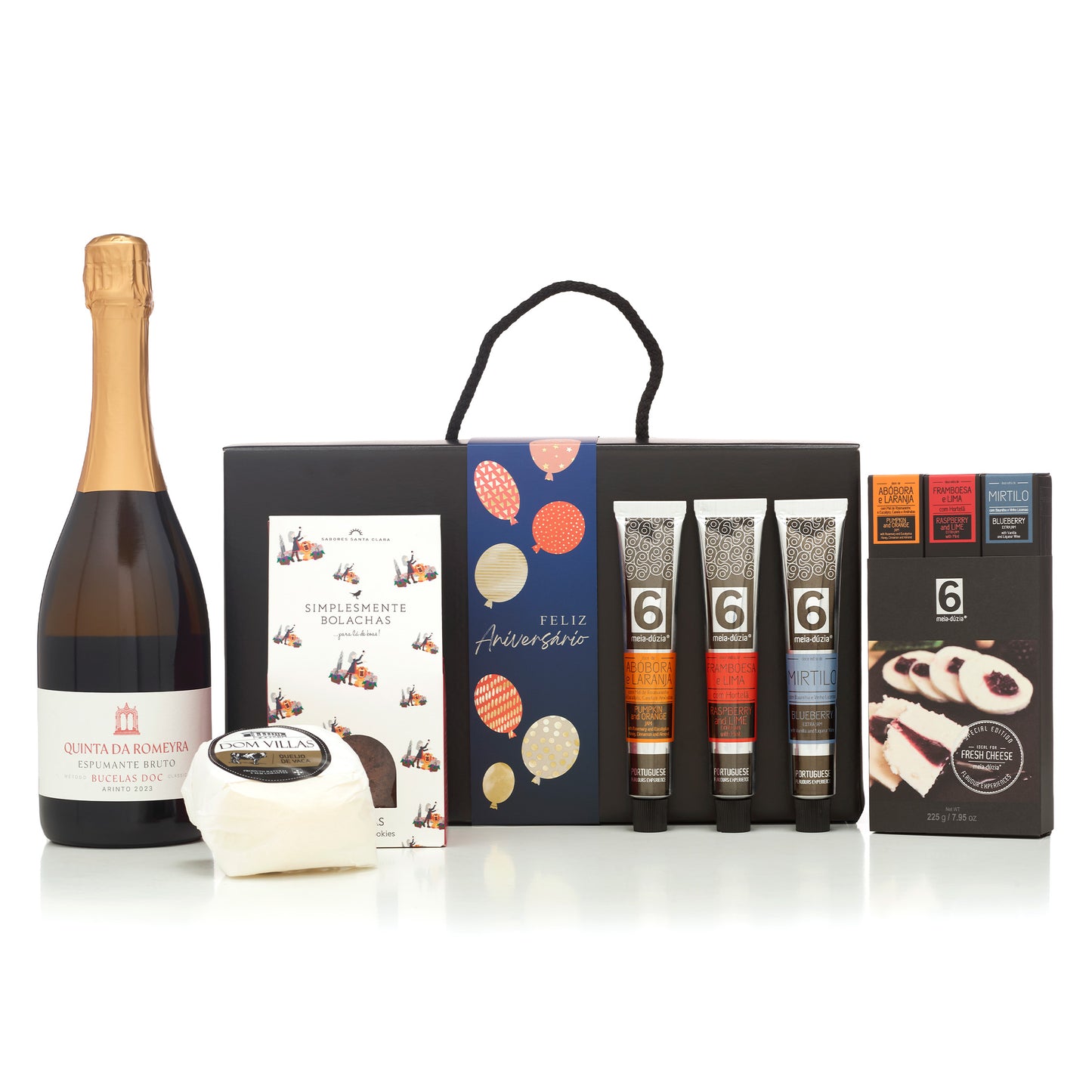 Cabaz Feliz Aniversário | Experiência Gourmet com Espumante. Sabores de Portugal num presente de aniversário gourmet que todos amam receber. meia.dúzia® Sabores de Portugal, prendas de aniversário gourmet