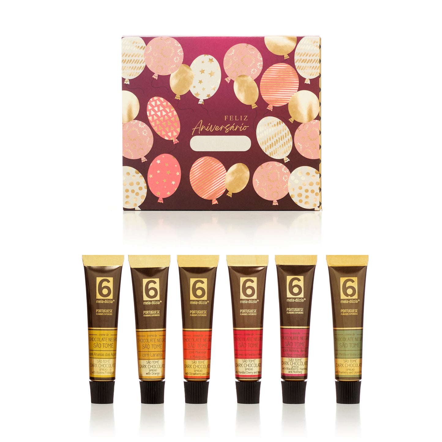 Kit 6 Chocolates | Presente de Aniversário Personalizável. Sabores de Portugal num presente de aniversário gourmet que todos amam receber. meia.dúzia® Sabores de Portugal, prendas de aniversário gourmet