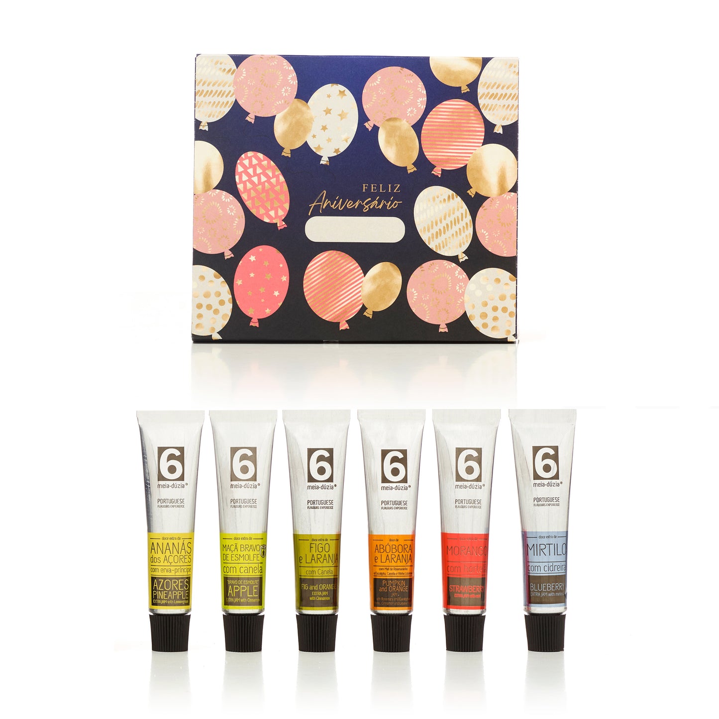 Kit 6 Compotas | Prenda de Aniversário Personalizável. Prenda de Aniversário personalizável com compotas artesanais 100% portuguesas. Sabores de Portugal num presente de aniversário gourmet que todos amam receber. meia.dúzia® Sabores de Portugal, prendas de aniversário gourmet