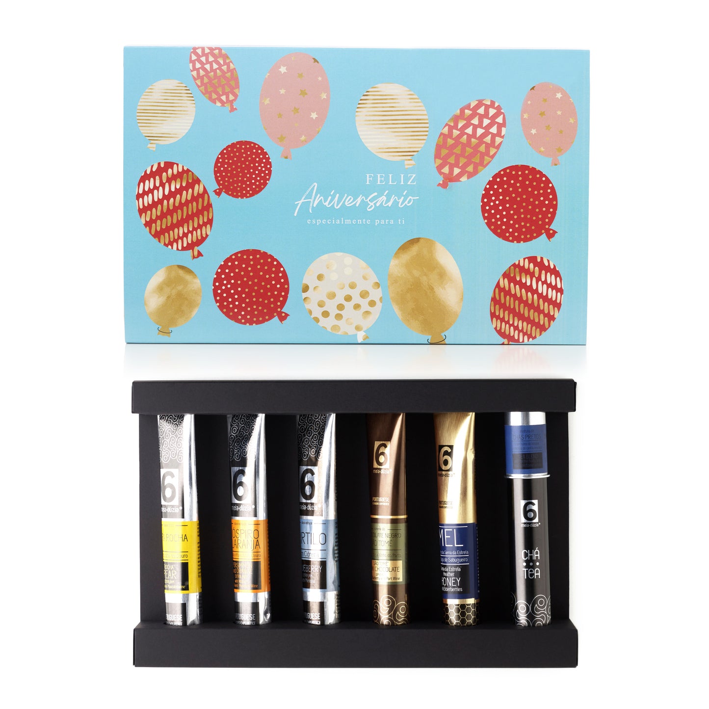 PACK 6 Sabores: Doces + Chocolates + Mel + Chá | Prenda de Aniversário. Sabores de Portugal num presente de aniversário gourmet que todos amam receber. meia.dúzia® Sabores de Portugal, prendas de aniversário gourmet