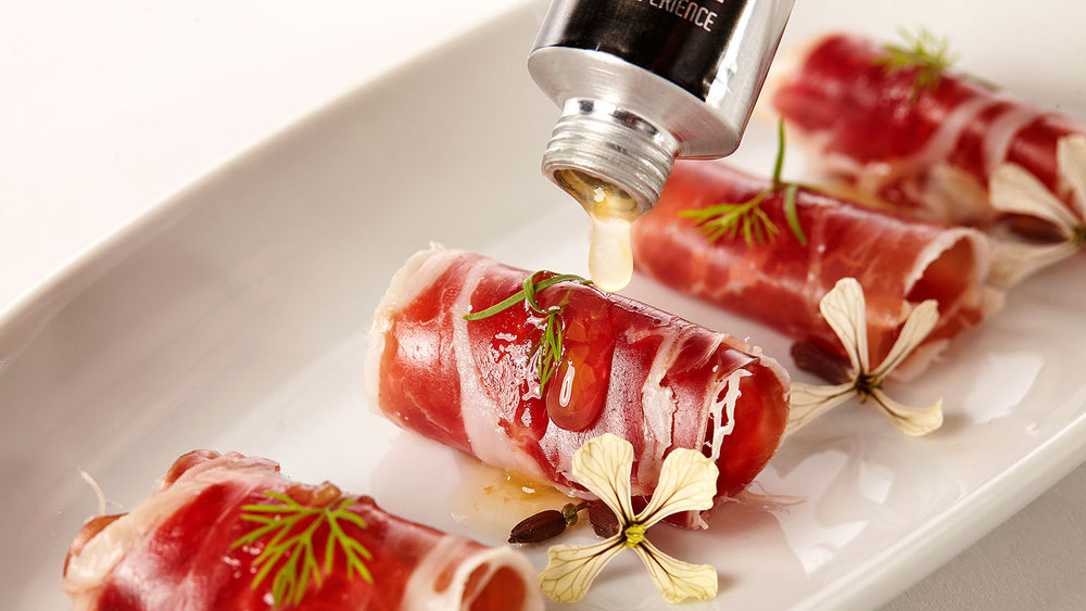 Presunto Pata Negra com compota de ananás dos Açores com erva-principe em bisnaga meia.dúzia
