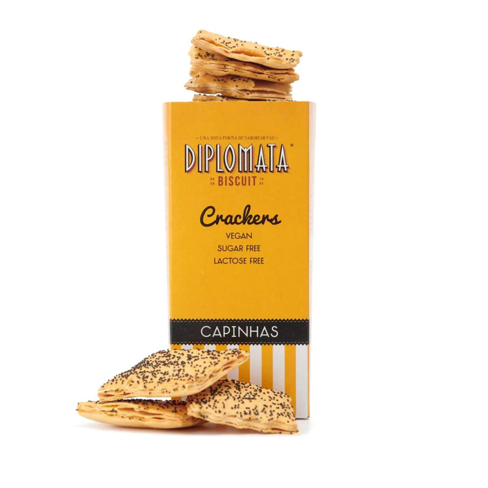 Crackers Capinhas - Vegan. A Cracker Capinhas é formada por finas capas muito crocantes e estaladiças, recheada por cima com sementes de papoila.