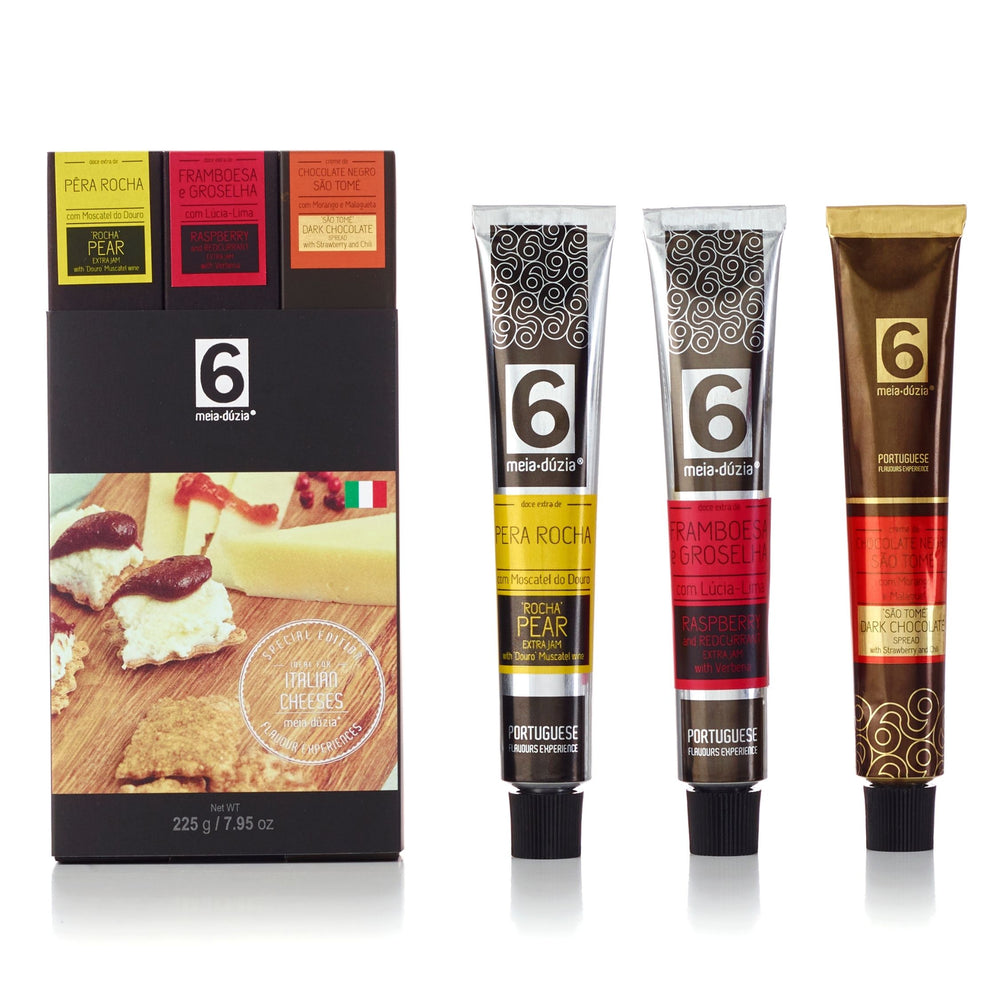 PACK 3 Sabores Ideal para Queijos Italianos, inclui: compota artesanal de pera Rocha com moscatel do Douro, compota artesanal de framboesa e groselha com lúcia lima e creme de chocolate negro São Tom+e com morango e malagueta - misturas de sabores surpreendentes, artesanais e portugueses by meia.dúzia - sabores de Portugal