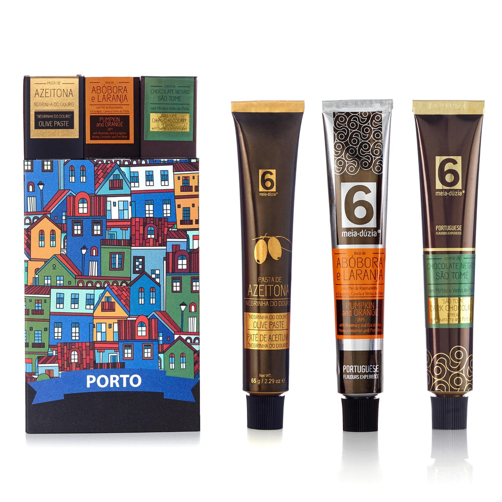 PACK 3 Sabores – Ribeira do Porto – Recordação do Vale do Douro, inclui: pasta de azeitona negrinha do Douro com especiarias, compota de abóbora e laranja com mel, canela e vinho do porto e creme de chocolate negro São Tomé com mirtilo e vinho do Porto - misturas de sabores surpreendentes, artesanais e portugueses by meia.dúzia - sabores de Portugal