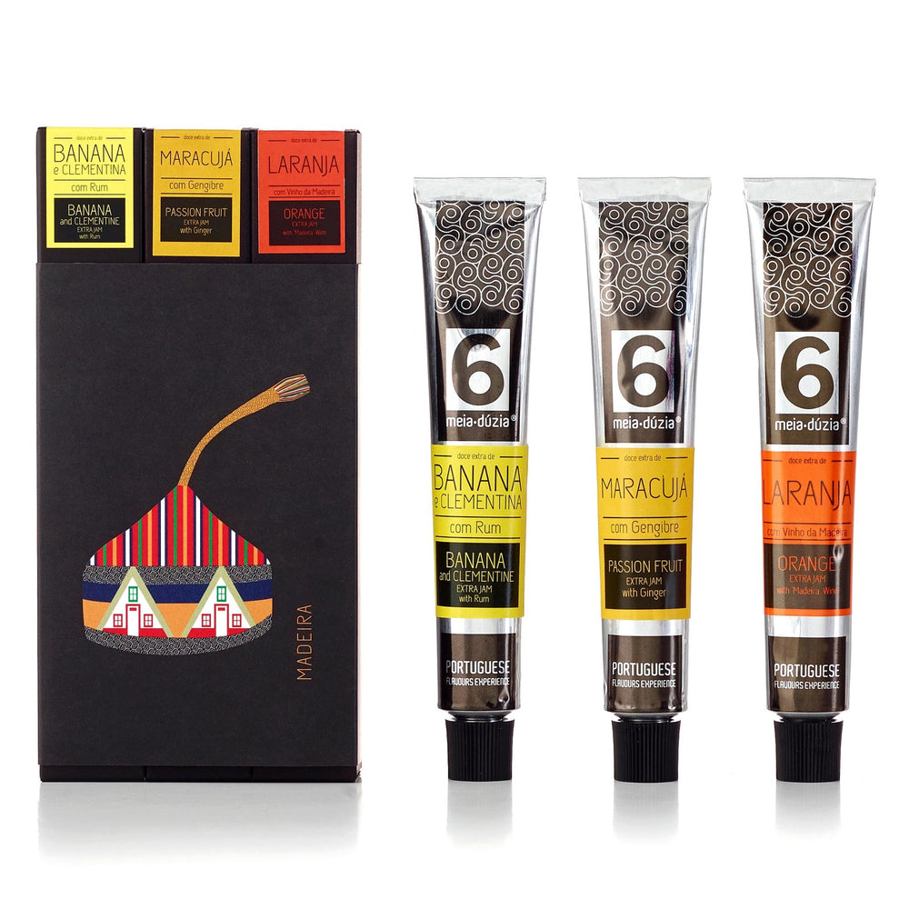 PACK 3 Doces – Recordação da ilha da Madeira Portugal, inclui:compota de banana e clementina com rum, compota de maracujá com gengibre, compota de laranja com vinho da Madeira - doces portugueses gourmet em bisnaga by meia.dúzia - sabores de Portugal