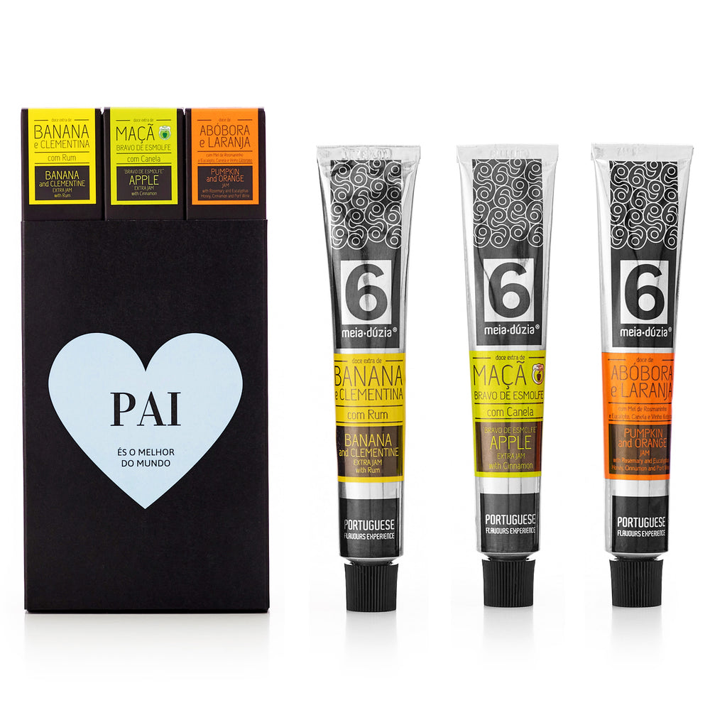 Este PACK 3 edição Dia do Pai inclui: Doce Extra de Banana e Clementina com Rum - 75g Doce Extra de Maçã Bravo de Esmolfe com Canela - 75g Doce de Abóbora e Laranja com mel de Rosmaninho e Eucalipto, canela e Vinho Licoroso - 75g